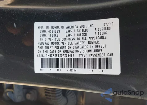 2013 Honda Accord Ex-L from USA, damaged, VIN 1HGCR2F82DA259487